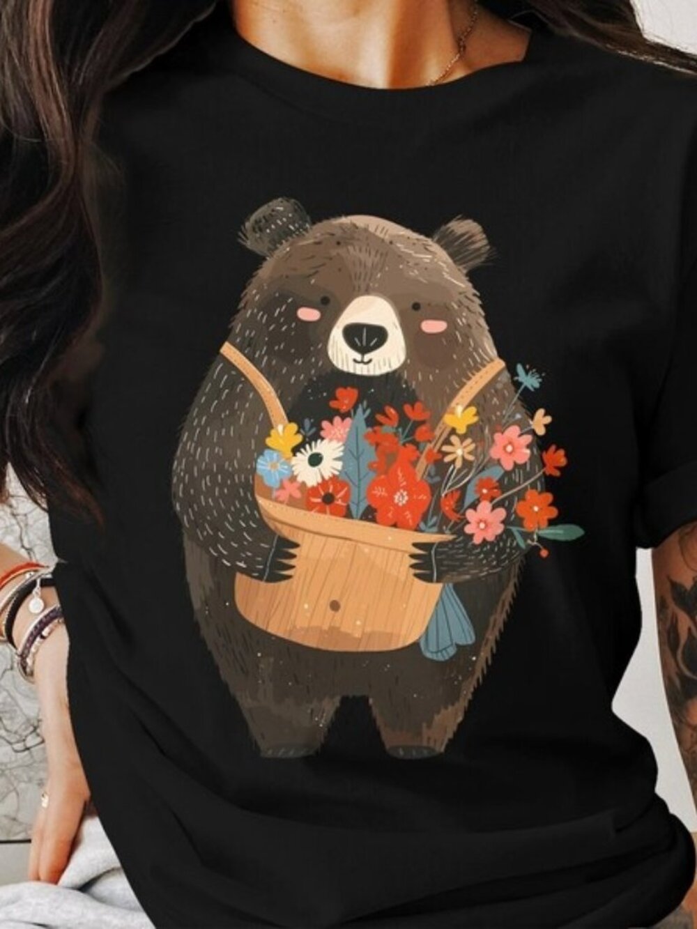 Cute Bear Flowers Shirt, Adorable Animal Floral Graphic Tee